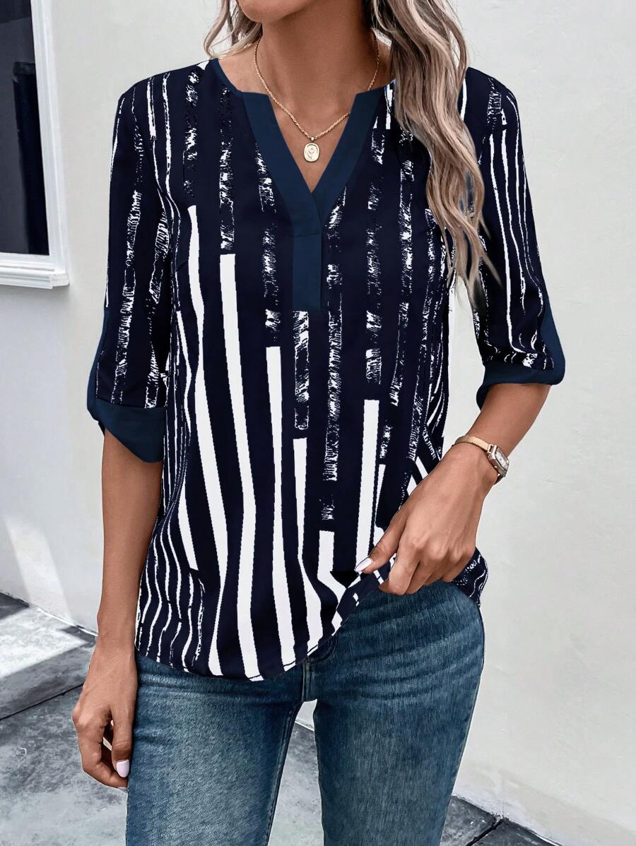 DAELYN - STRIPED BLOUSE WITH NOTCHED NECKLINE