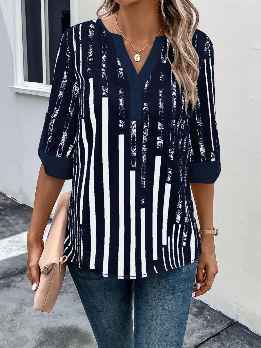 DAELYN - STRIPED BLOUSE WITH NOTCHED NECKLINE