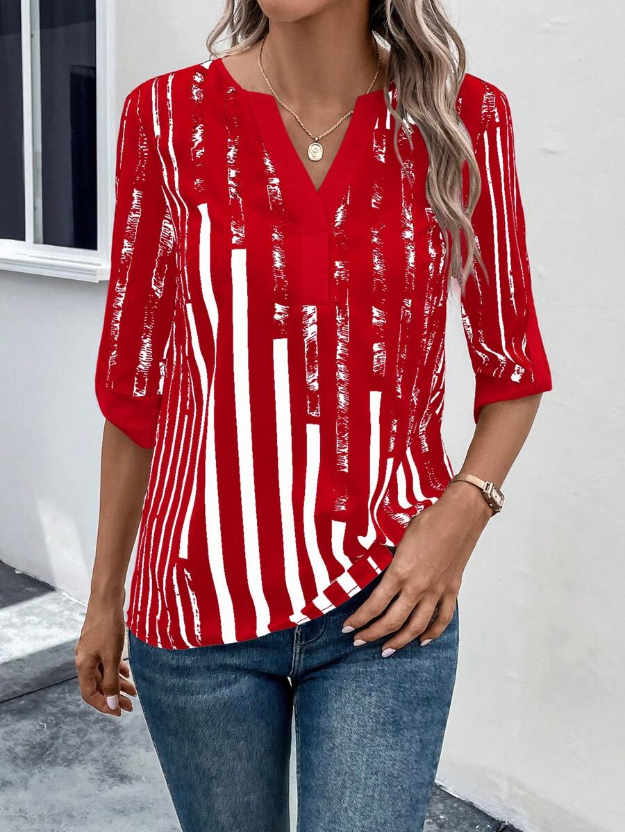 DAELYN - STRIPED BLOUSE WITH NOTCHED NECKLINE