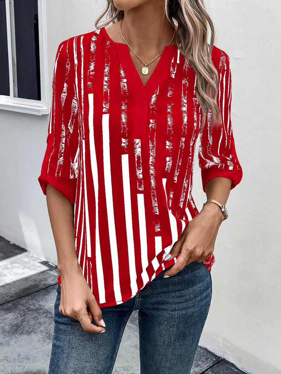 DAELYN - STRIPED BLOUSE WITH NOTCHED NECKLINE