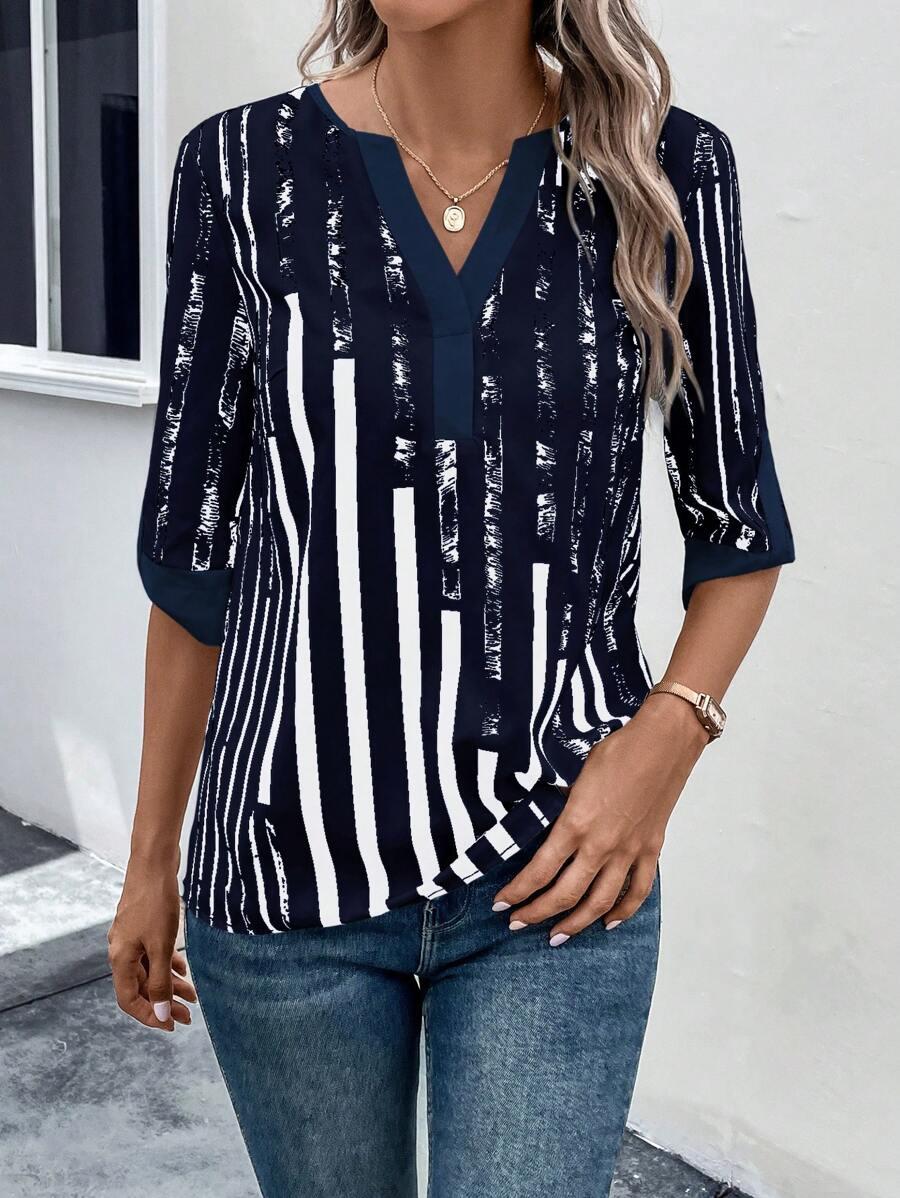 DAELYN - STRIPED BLOUSE WITH NOTCHED NECKLINE