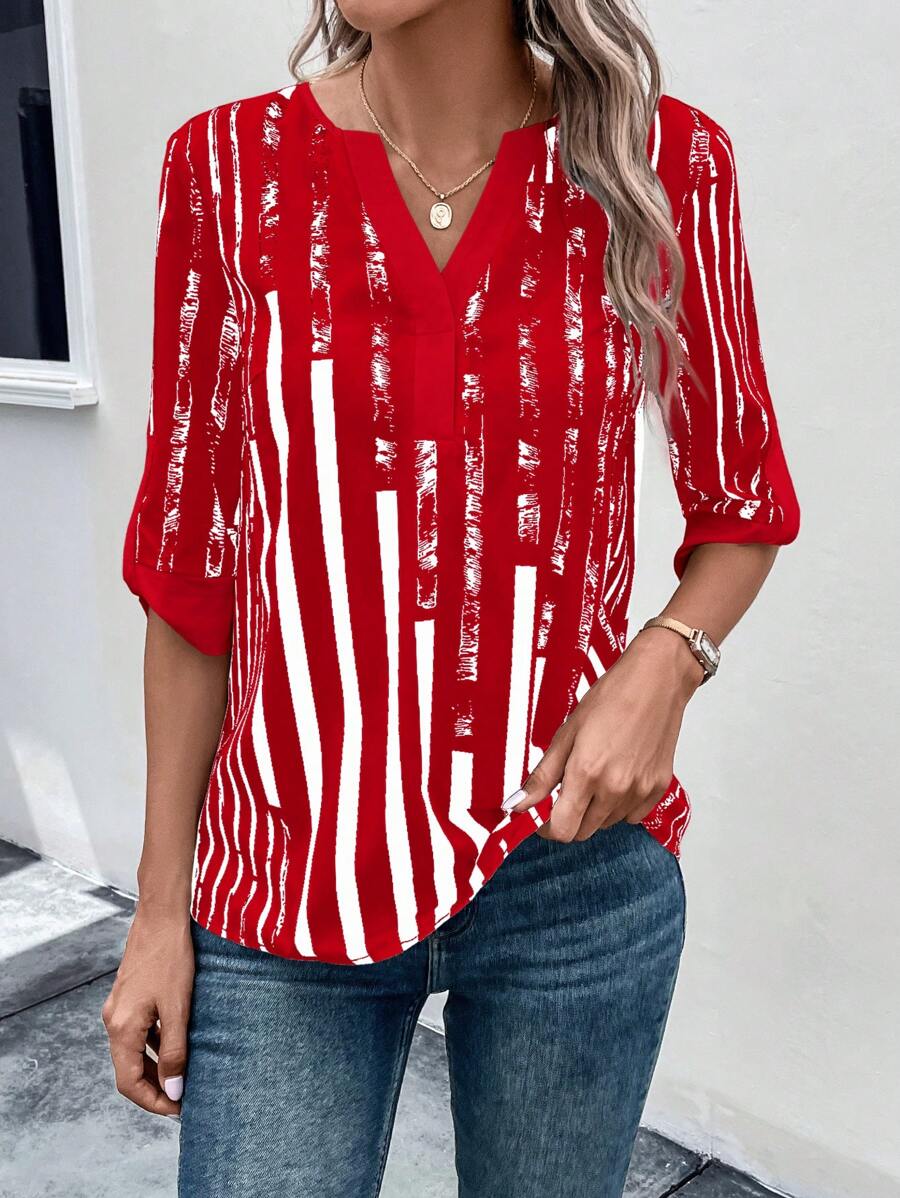 DAELYN - STRIPED BLOUSE WITH NOTCHED NECKLINE