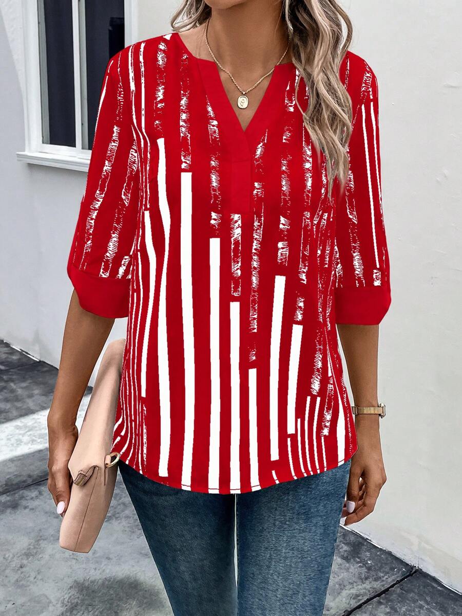 DAELYN - STRIPED BLOUSE WITH NOTCHED NECKLINE