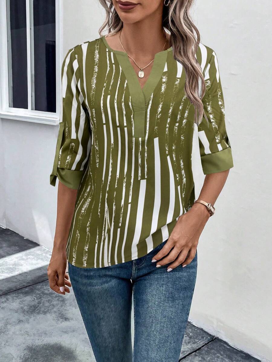 DAELYN - STRIPED BLOUSE WITH NOTCHED NECKLINE