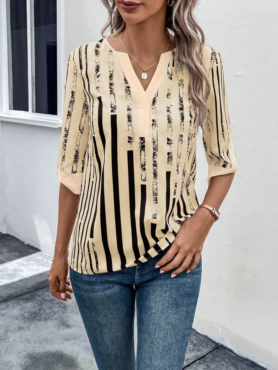 DAELYN - STRIPED BLOUSE WITH NOTCHED NECKLINE