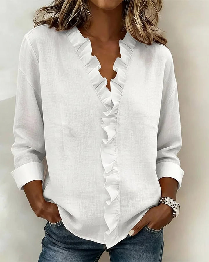 INDIE - BLOUSE WITH RUFFLES, V-NECK AND LONG SLEEVES