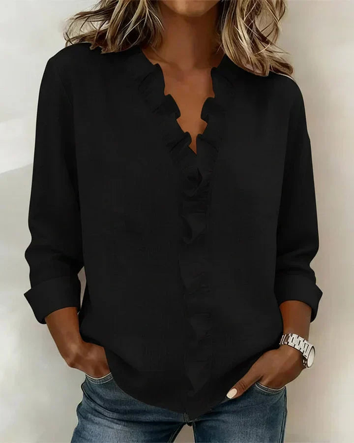 INDIE - BLOUSE WITH RUFFLES, V-NECK AND LONG SLEEVES