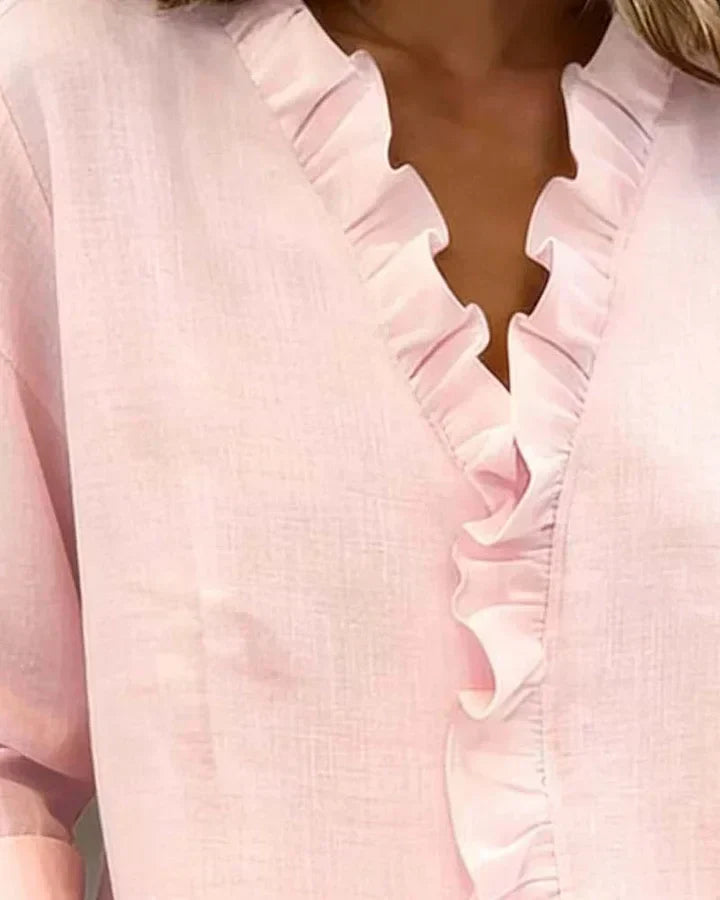 INDIE - BLOUSE WITH RUFFLES, V-NECK AND LONG SLEEVES