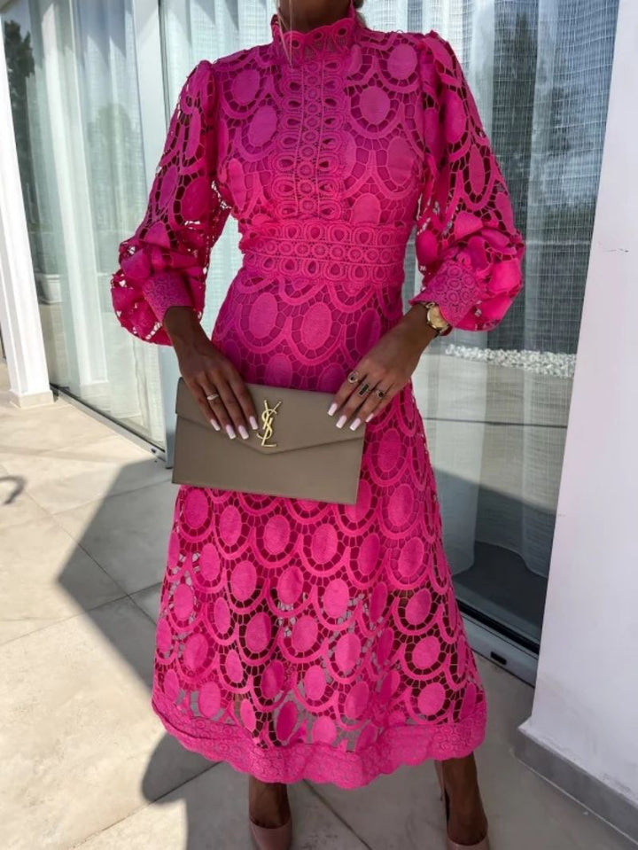 ALIRA - ELEGANT HIGH-NECK LACE MIDI DRESS