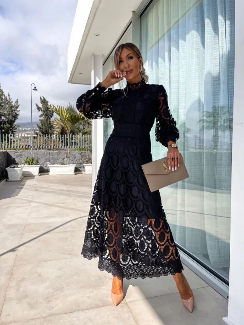 ALIRA - ELEGANT HIGH-NECK LACE MIDI DRESS