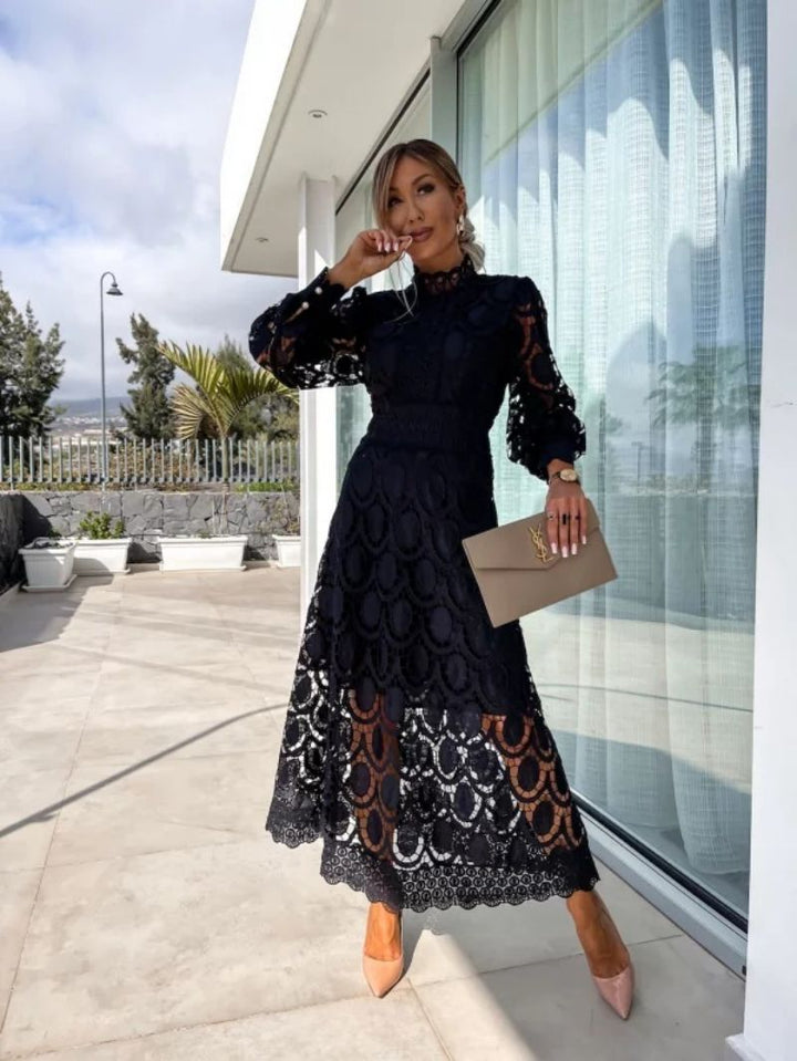 ALIRA - ELEGANT HIGH-NECK LACE MIDI DRESS