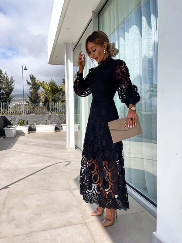 ALIRA - ELEGANT HIGH-NECK LACE MIDI DRESS