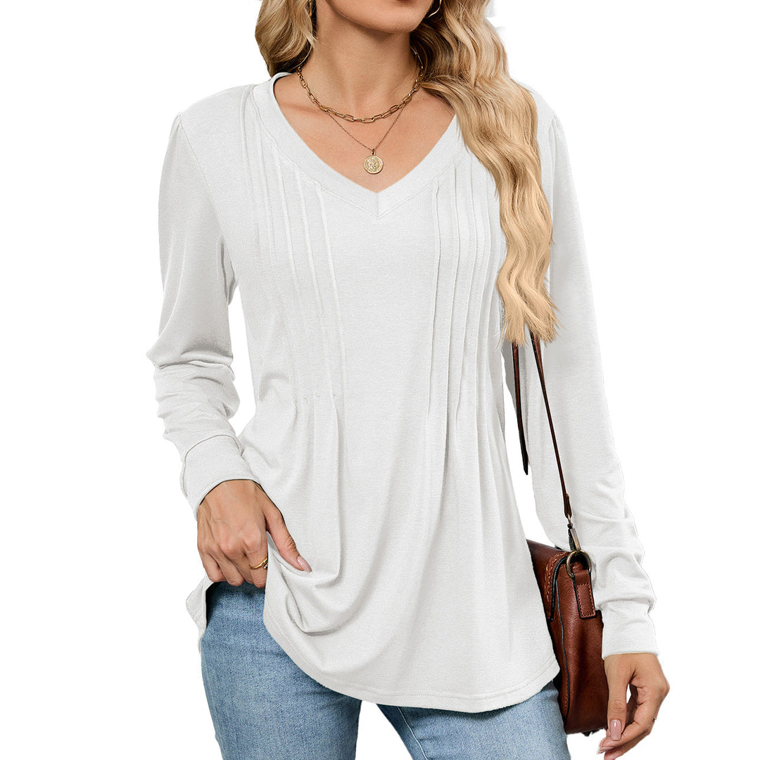 EMELINA - PLEATED V-NECK LONG SLEEVE TOP