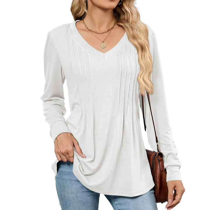 EMELINA - PLEATED V-NECK LONG SLEEVE TOP
