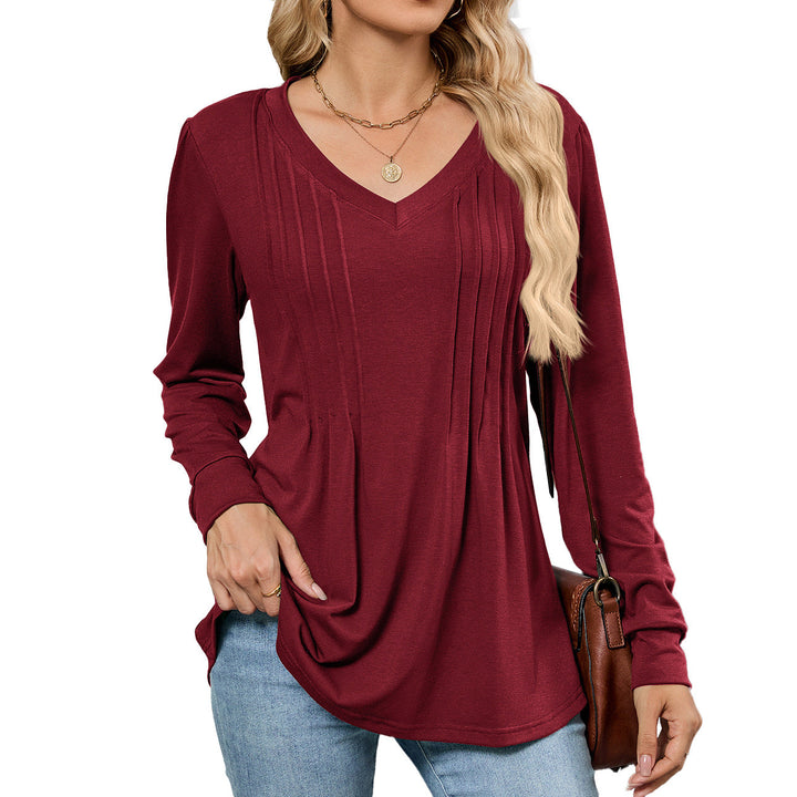 EMELINA - PLEATED V-NECK LONG SLEEVE TOP