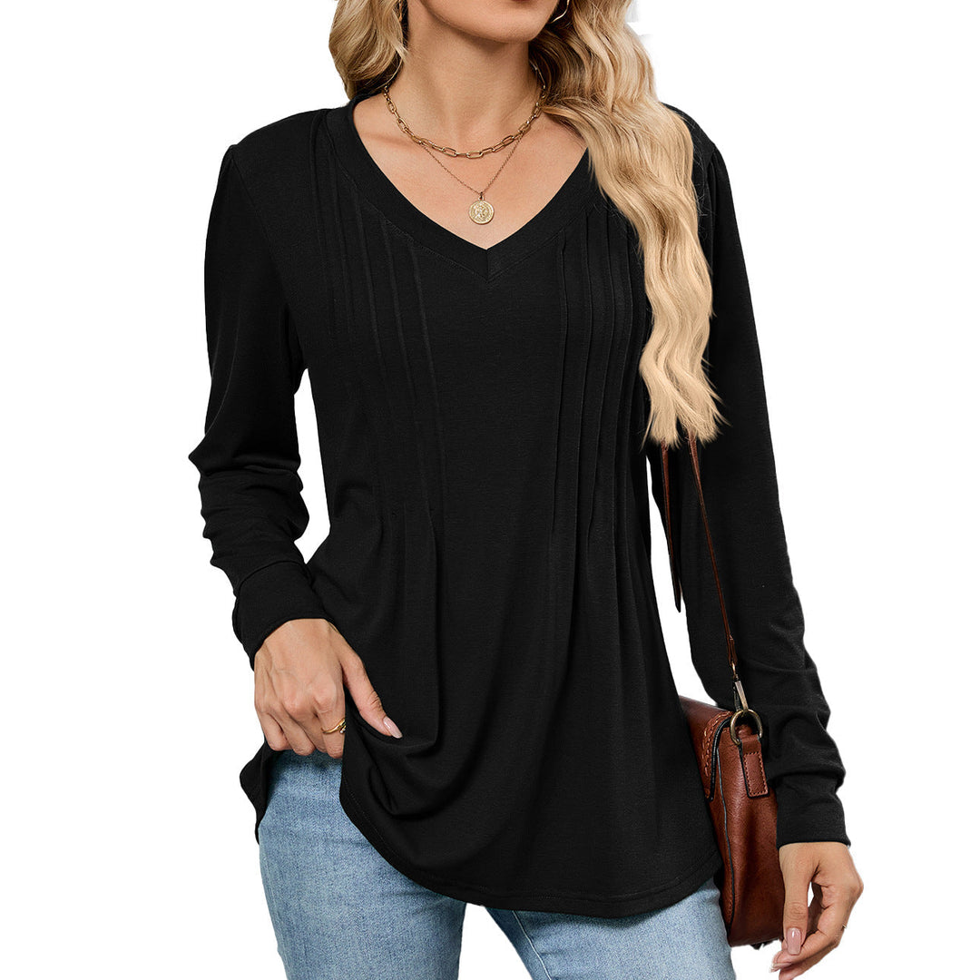 EMELINA - PLEATED V-NECK LONG SLEEVE TOP