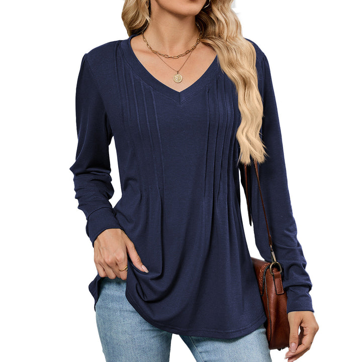 EMELINA - PLEATED V-NECK LONG SLEEVE TOP