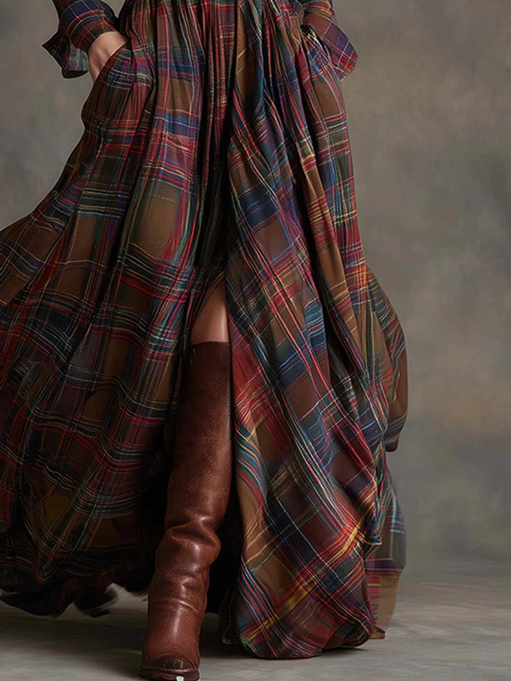 PAMELA - RETRO LAPEL REDDISH BROWN PLAID MAXI DRESS